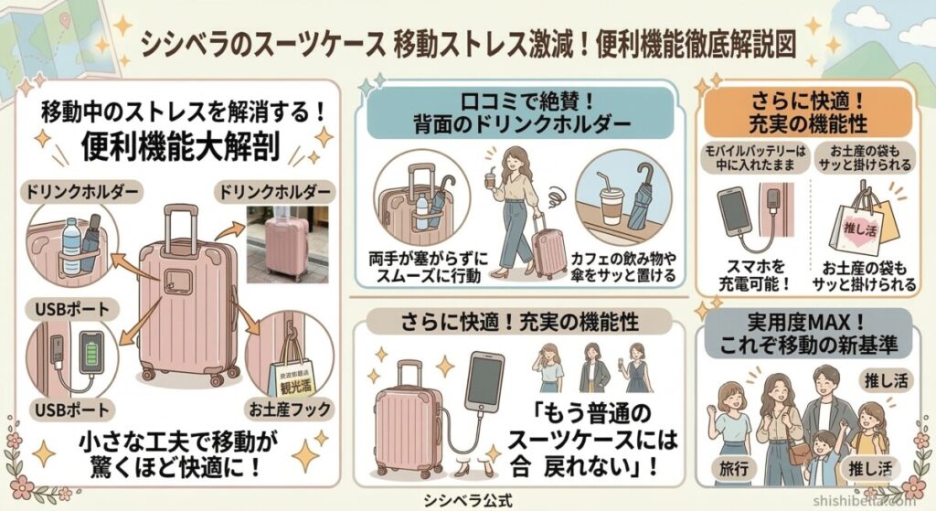 2. 便利すぎる多機能(ドリンクホルダー・USBポート・フックの実力)をわかりやすく図解