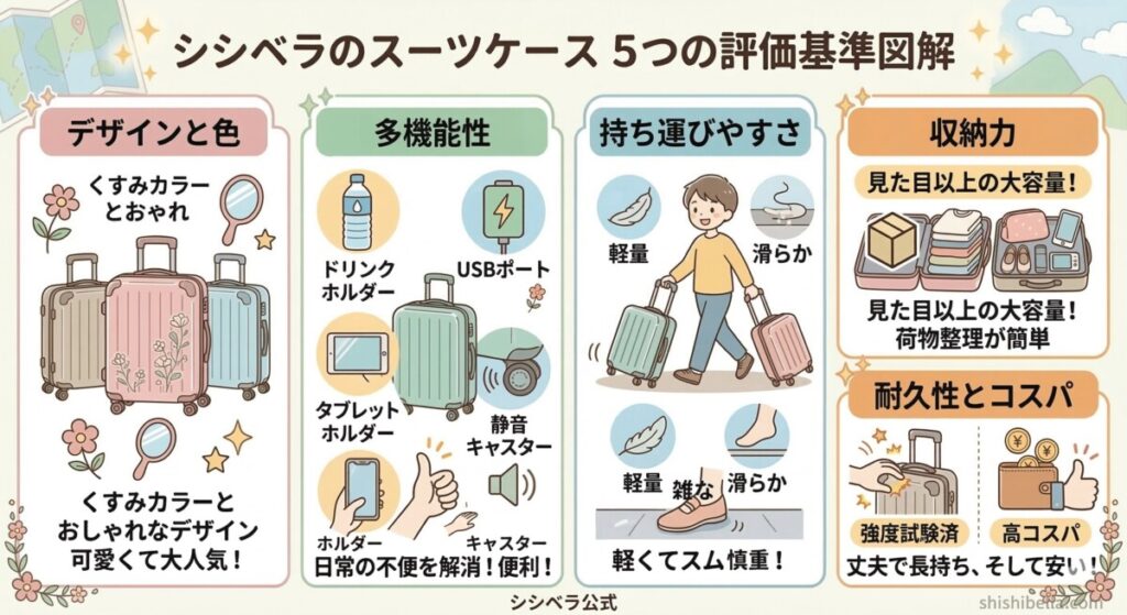 失敗しない!シシベラスーツケースの5つの評価基準をわかりやすく図解