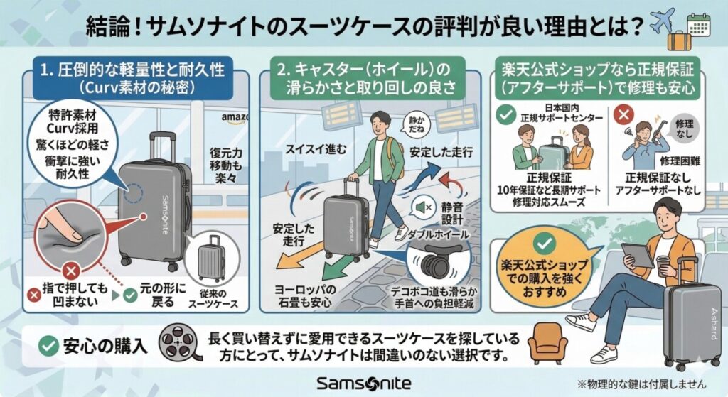 結論!サムソナイトのスーツケースの評判が良い理由とは?をわかりやすく図解