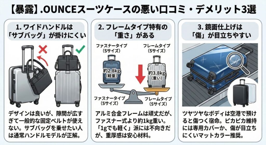 【暴露】.OUNCEスーツケースの悪い口コミ・デメリット3選