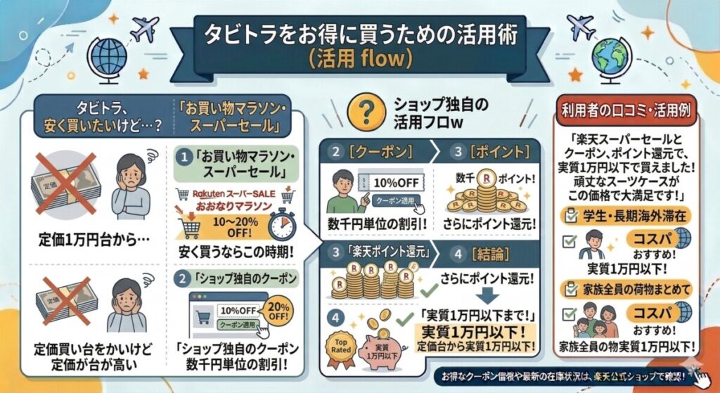 楽天でお得に!タビトラ スーツケースを最安値で買う方法:楽天スーパーセールやクーポンの活用術をわかりやすく図解