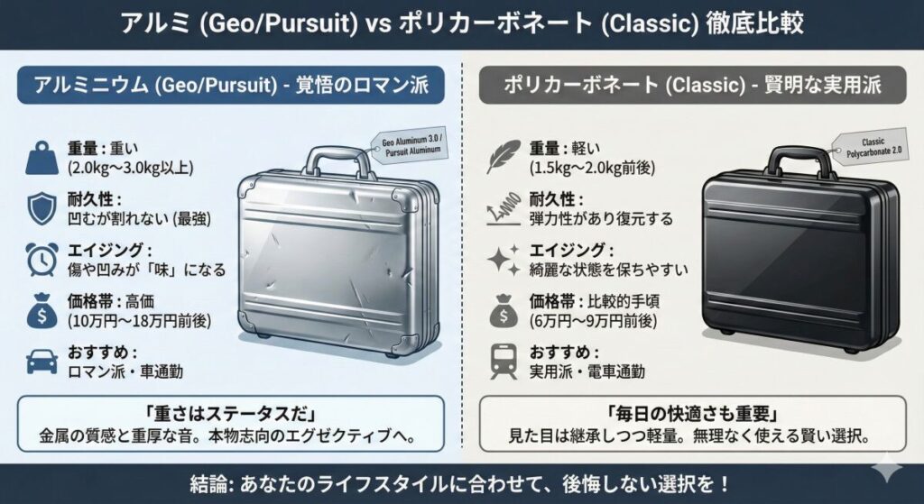 アルミ(Geo/Pursuit)vs ポリカーボネート(Classic)徹底比較