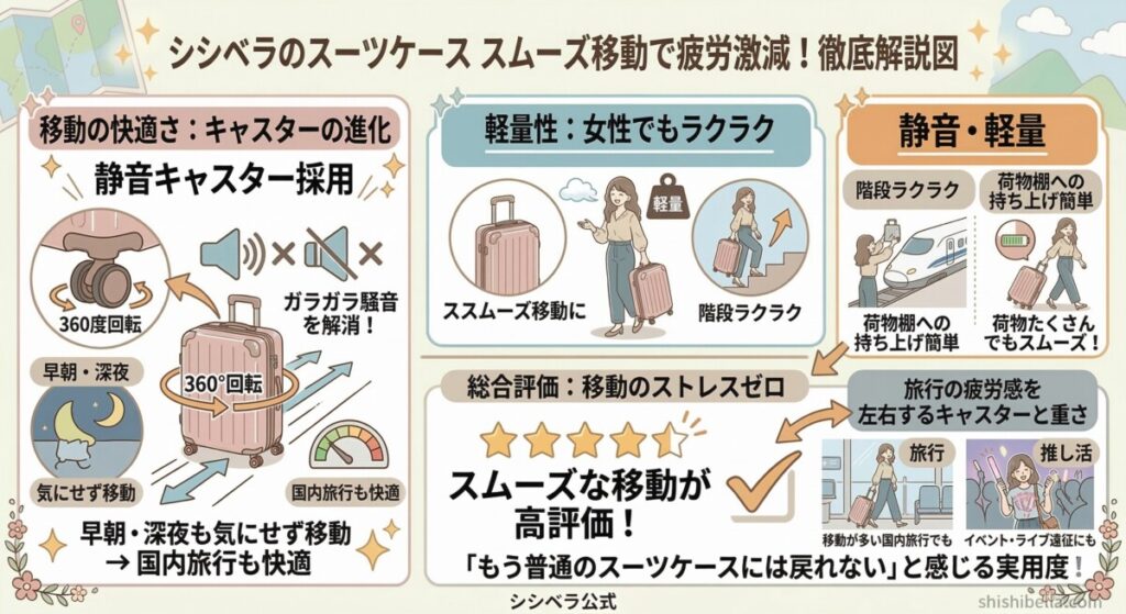 3. スムーズな移動(静音キャスターの動きと超軽量設計)をわかりやすく図解