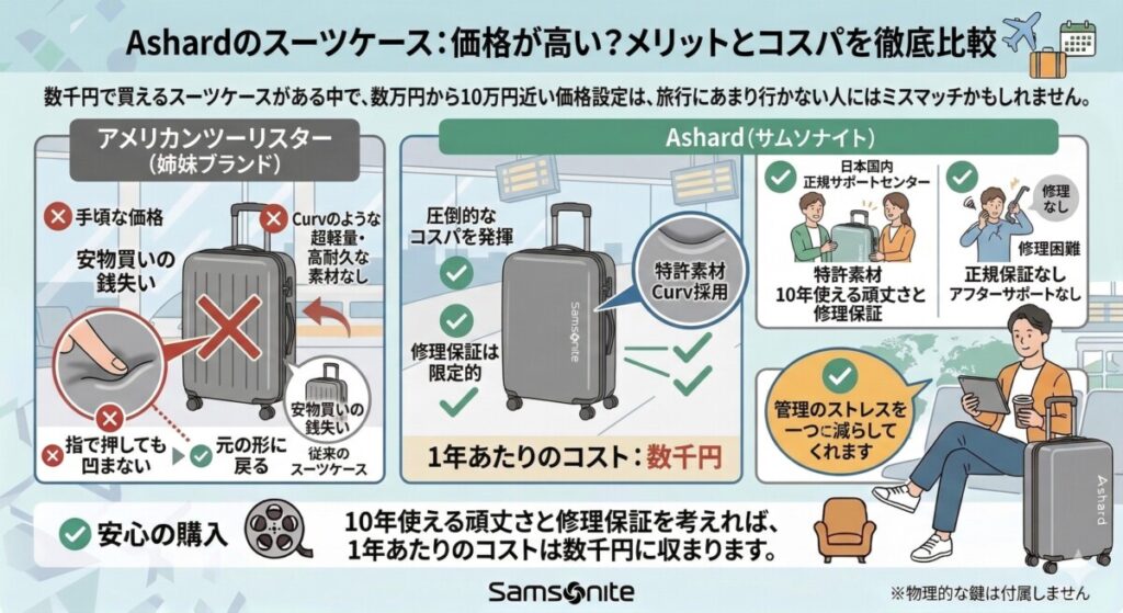 買って後悔?サムソナイトの悪い評判とデメリット:価格が高い(アメリカンツーリスターとの違いとコスパ比較)をわかりやすく図解
