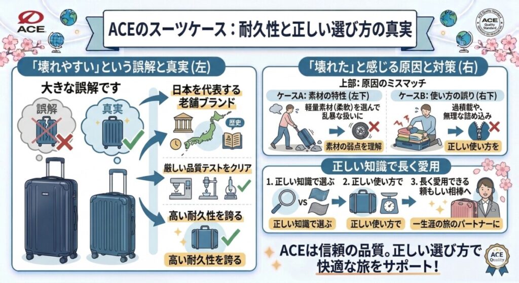 【結論】ACEのスーツケースは壊れやすい?口コミからわかった真実と耐久性をわかりやすく図解