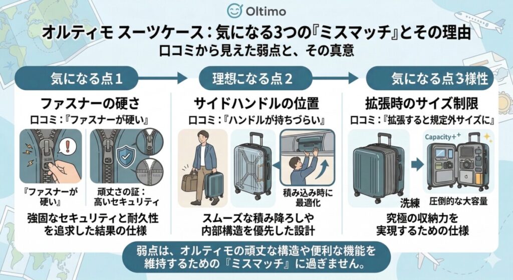 オルティモ スーツケースの口コミから判明した「3つの弱点」(デメリット)をわかりやすく図解