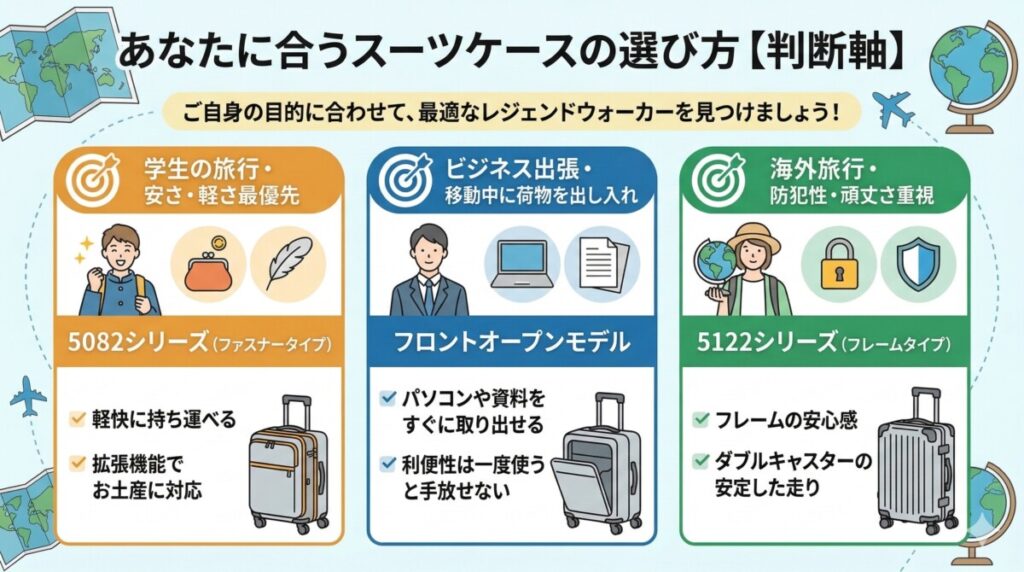 ★【判断軸】結局どれを買うべき?あなたに合うスーツケースの選び方をわかりやすく図解