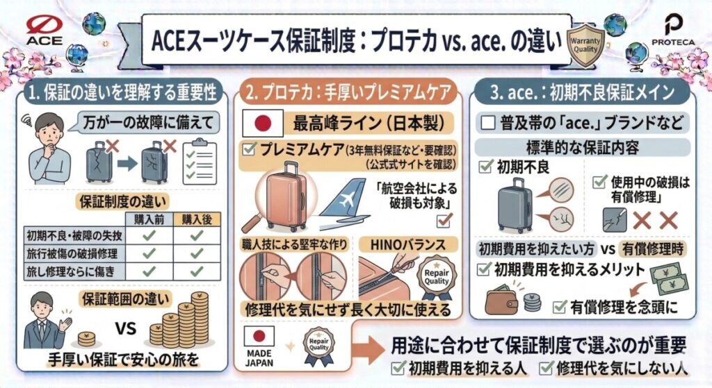 5. 日本製「プロテカ」と「ace.」の保証期間・修理代の違いをわかりやすく図解