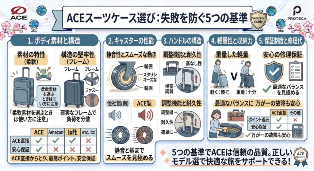 買って後悔しない!ACEスーツケースの失敗しない選び方5つの基準をわかりやすく図解