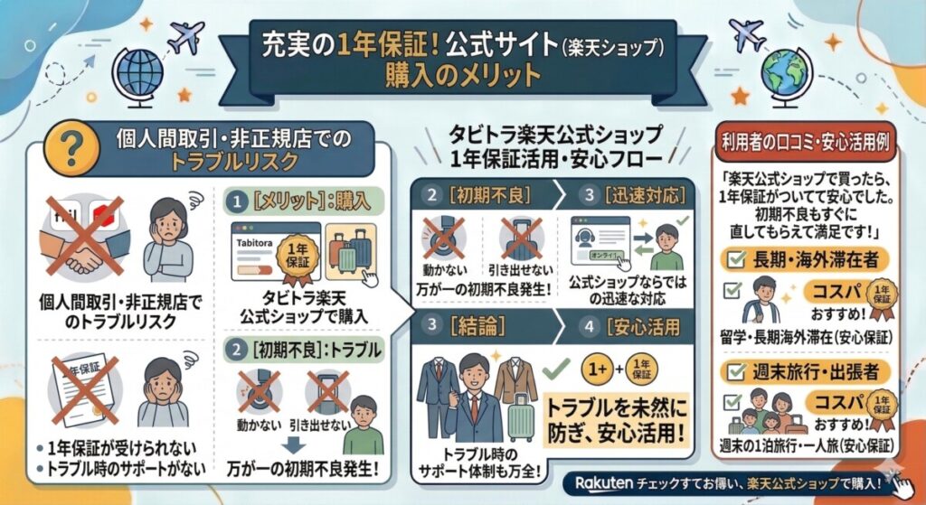 楽天でお得に!タビトラ スーツケースを最安値で買う方法:充実の1年保証!公式サイト(楽天ショップ)購入のメリットをわかりやすく図解