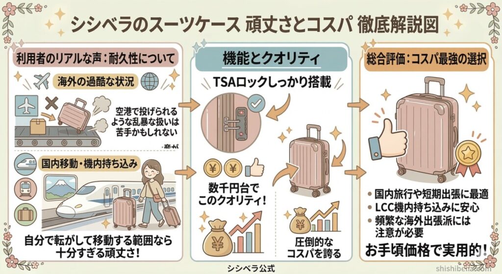 5. 耐久性とコスパ(LCCや国内旅行には十分?)をわかりやすく図解