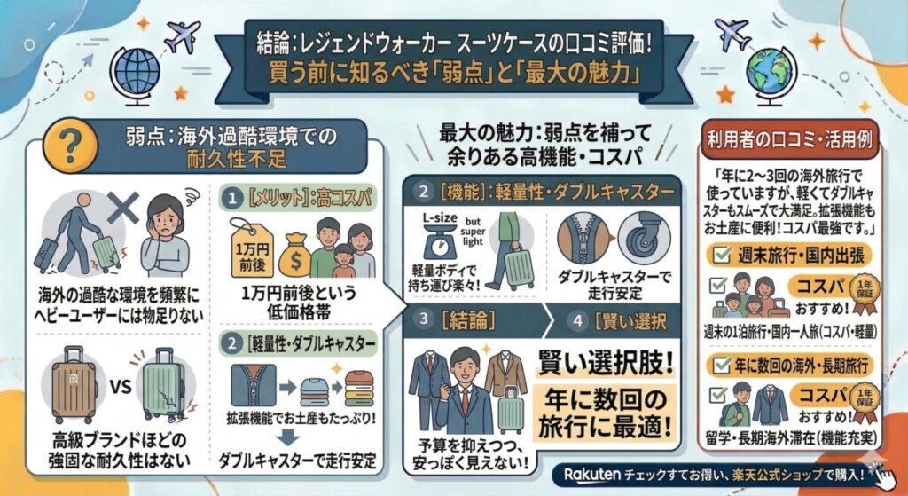 結論:レジェンドウォーカースーツケースの口コミ評価!買う前に知るべき「弱点」と「最大の魅力」とは?をわかりやすく図解