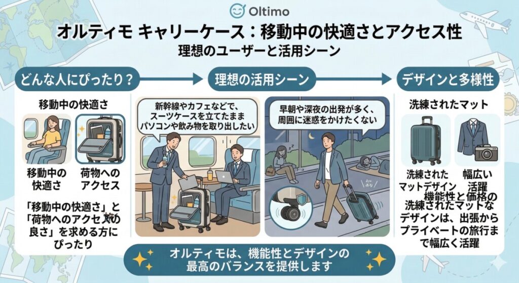 結論、こんな人にオルティモのキャリーケースは最適!をわかりやすく図解