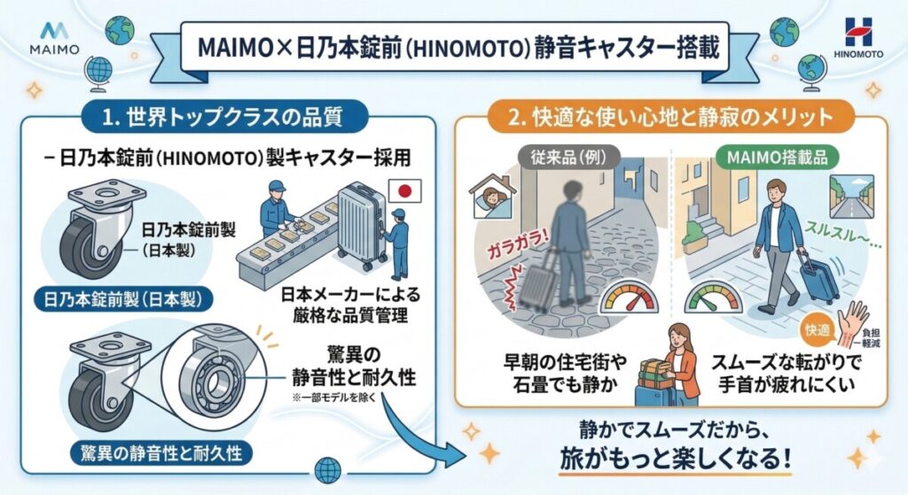 ① 圧倒的な静音性!HINOMOTO製(日乃本錠前)キャスター採用をわかりやすく図解