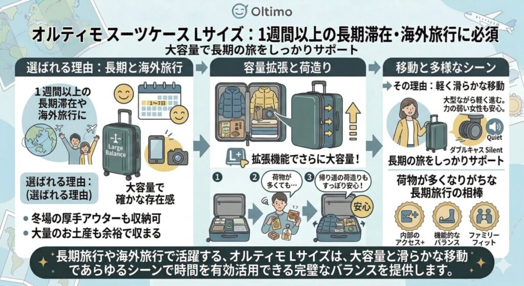 Lサイズ:長期滞在・海外旅行に安心の収納力をわかりやすく図解