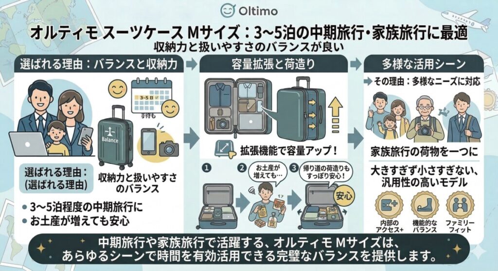 Mサイズ:3泊〜5泊の国内旅行や出張に最適をわかりやすく図解