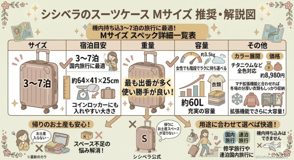 Mサイズ:3〜7泊の国内旅行にぴったりをわかりやすく図解
