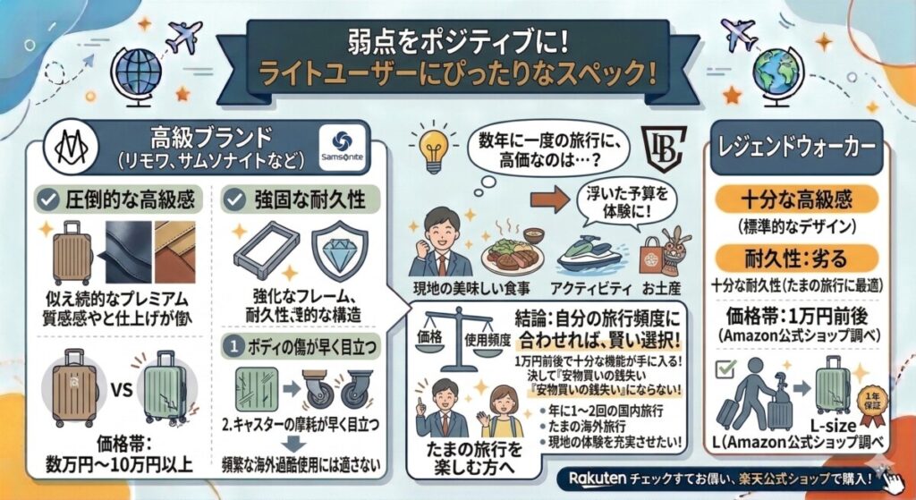 弱点の見方を変えて、年に1〜2回の国内旅行や、たまの海外旅行を楽しむ方にとってはむしろぴったりなスペックをわかりやすく図解