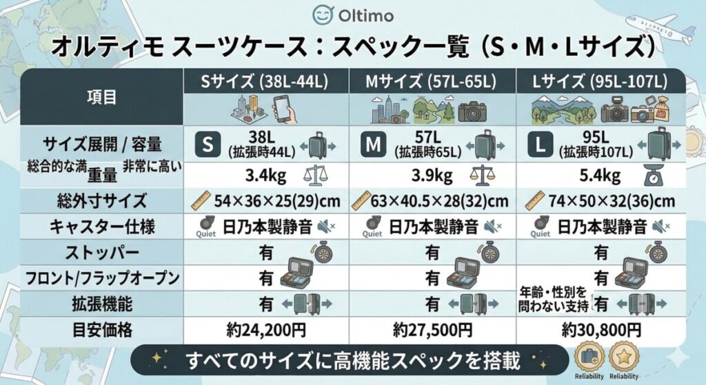 【比較表】オルティモの人気モデル(サイズ展開)を比較をわかりやすく図解