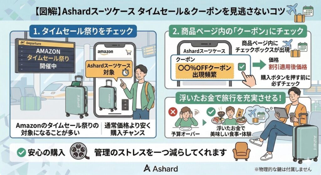 Ashardのスーツケースを最安値で買うならAmazon公式ショップ!:タイムセールや割引クーポンを見逃さないコツをわかりやすく図解