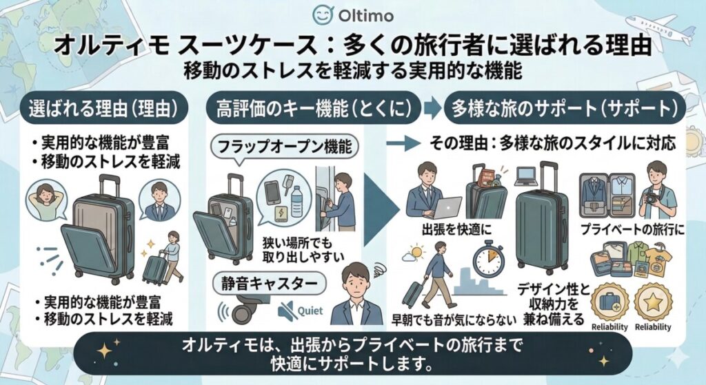 ユーザーが大絶賛!オルティモ スーツケース「5つの長所」(メリット)をわかりやすく図解