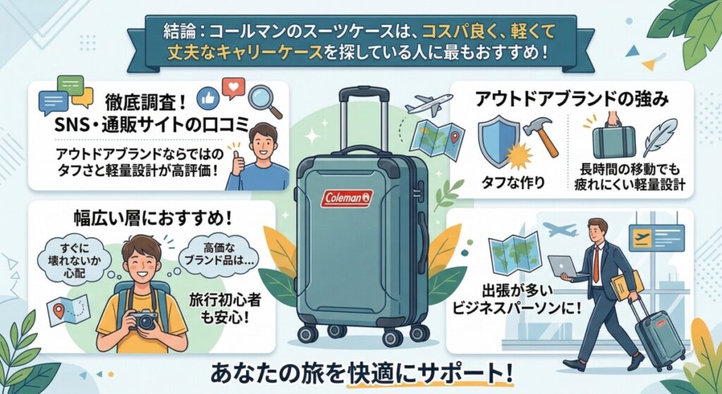 【結論】コールマン スーツケースの口コミ・評判まとめ!どんな人におすすめ?をわかりやすく図解