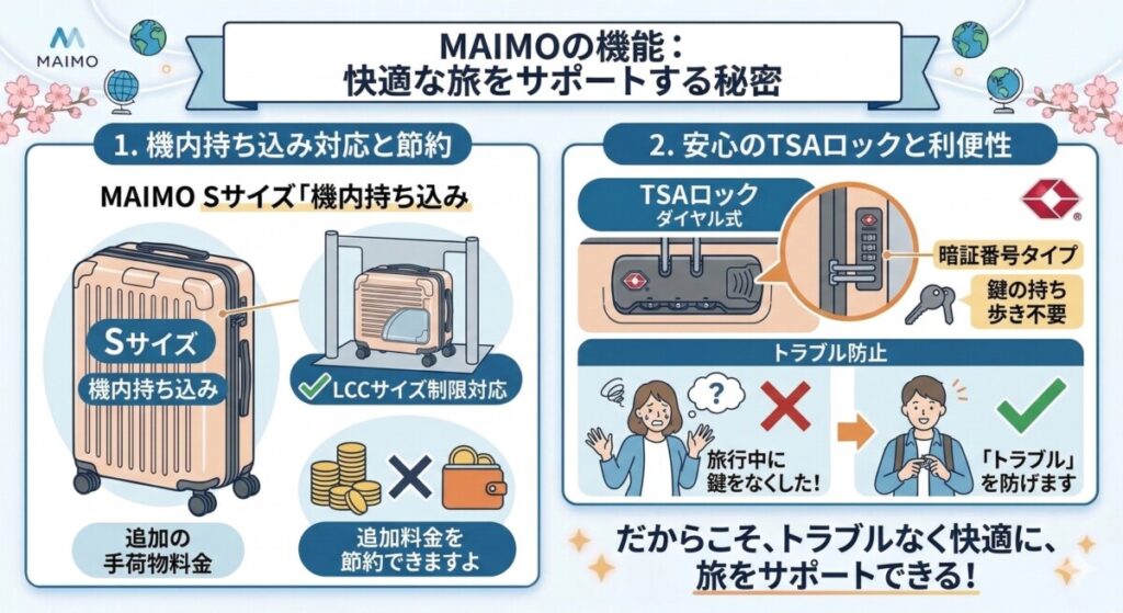 ④ 機内持ち込みサイズ対応&最新のTSAロック搭載をわかりやすく図解