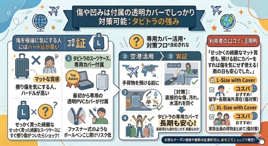 傷や凹みは付属の透明カバーでしっかり対策可能をわかりやすく図解