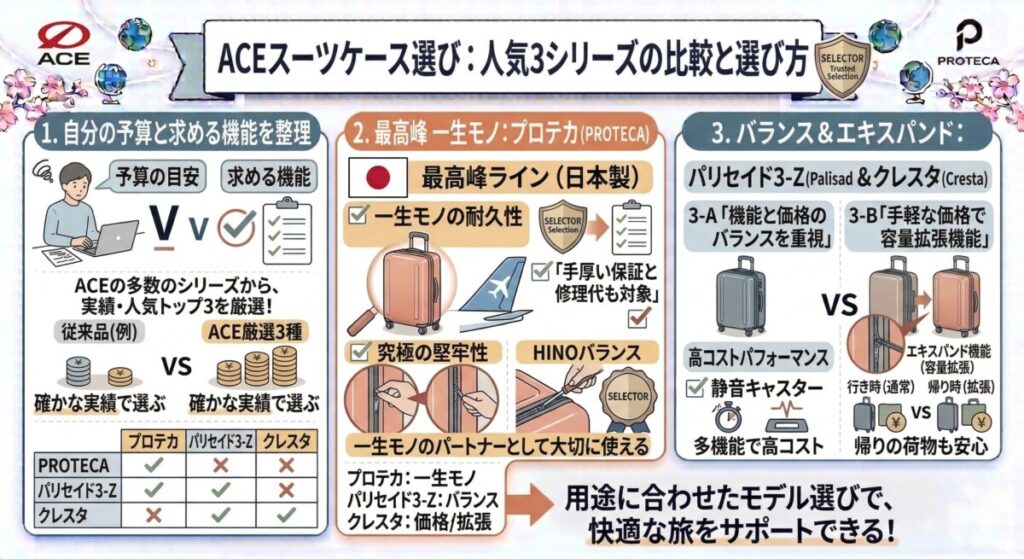 ACEスーツケース人気シリーズ徹底比較!あなたにおすすめのモデルは?をわかりやすく図解