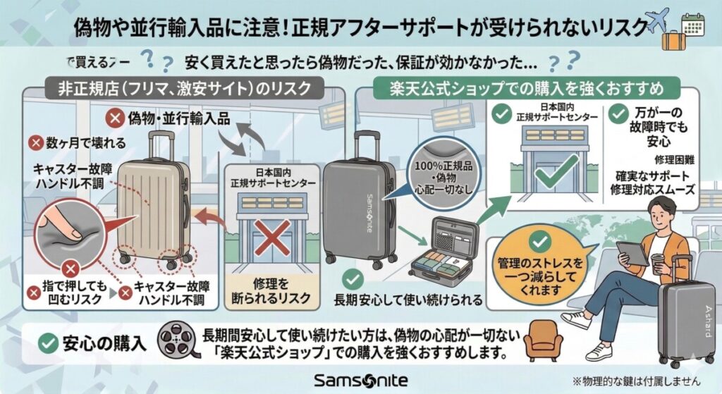 買って後悔?サムソナイトの悪い評判とデメリット:偽物や並行輸入品に注意!正規アフターサポートが受けられないリスクをわかりやすく図解
