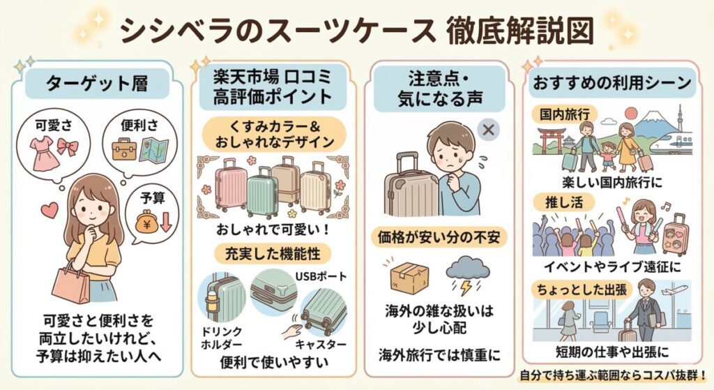 【結論】シシベラのスーツケースの口コミと評判は?人気の理由をズバリ解説をわかりやすく図解