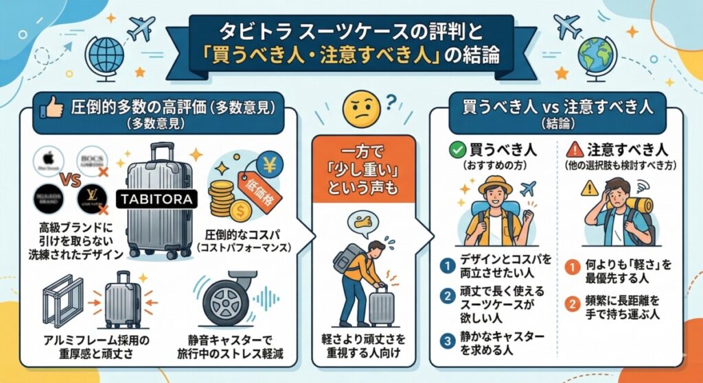 結論!タビトラ スーツケースの評判と「買うべき人・注意すべき人」をわかりやすく図解