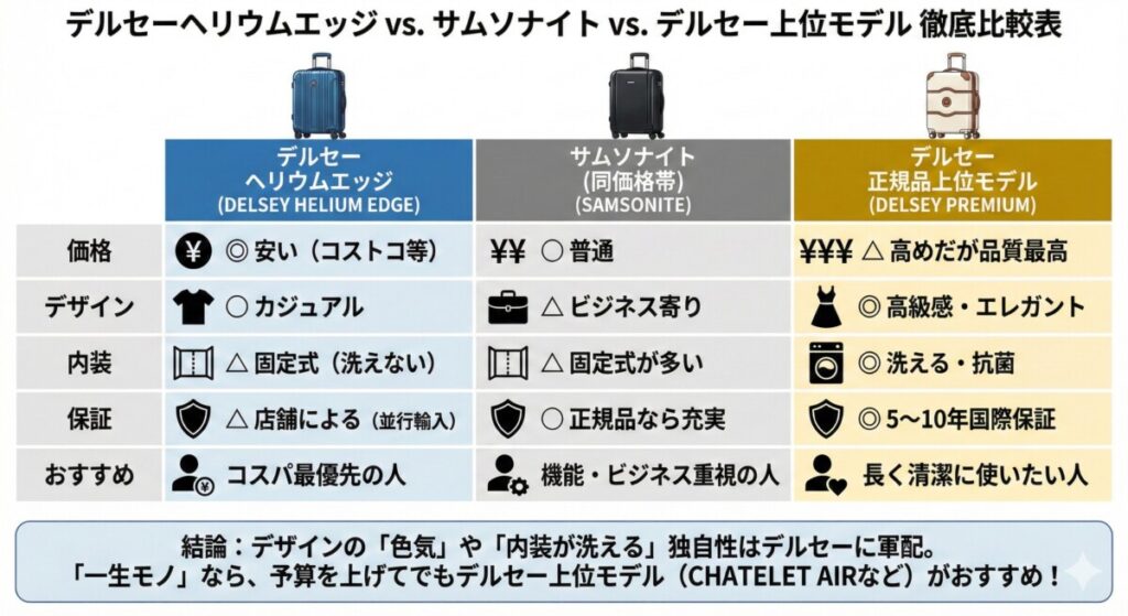 デルセーヘリウムエッジと他モデル・サムソナイトとの違い