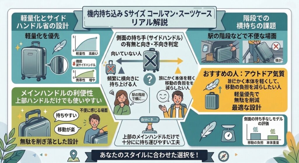 注意点2:機内持ち込みサイズ(Sサイズ)にはサイドハンドルがない場合もをわかりやすく図解