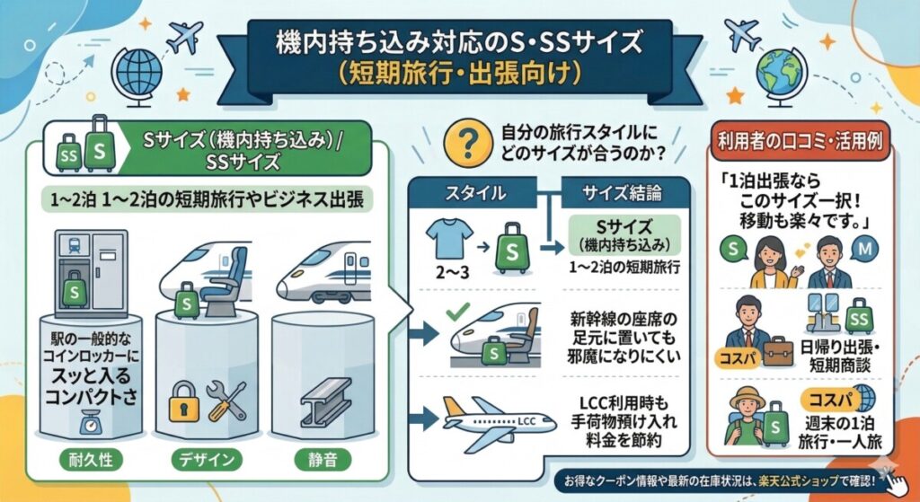評判が良いタビトラのおすすめモデル3選とサイズ選び:機内持ち込み対応のS・SSサイズ(短期旅行・出張向け)をわかりやすく図解