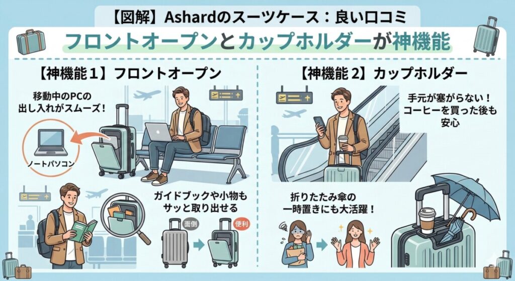 Ashardスーツケースの良い口コミ:フロントオープンとカップホルダーが神機能をわかりやすく図解