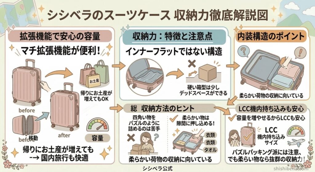 4. 収納力と使い勝手(機内持ち込みとマチ拡張機能)をわかりやすく図解