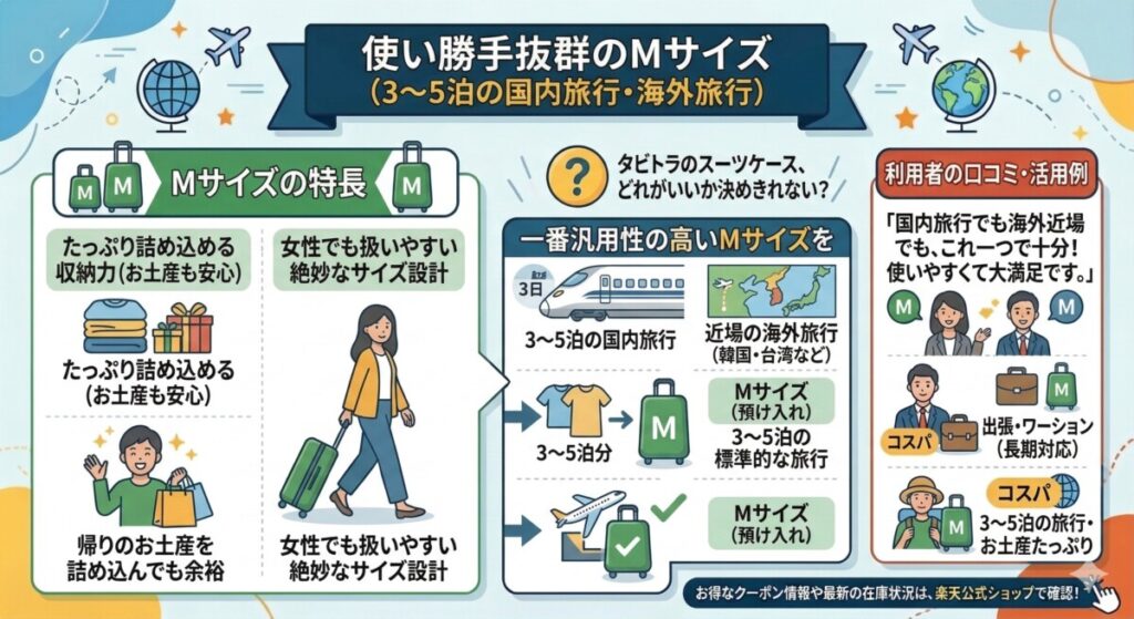 評判が良いタビトラのおすすめモデル3選とサイズ選び:使い勝手抜群のMサイズ(3〜5泊の国内旅行・海外旅行)をわかりやすく図解