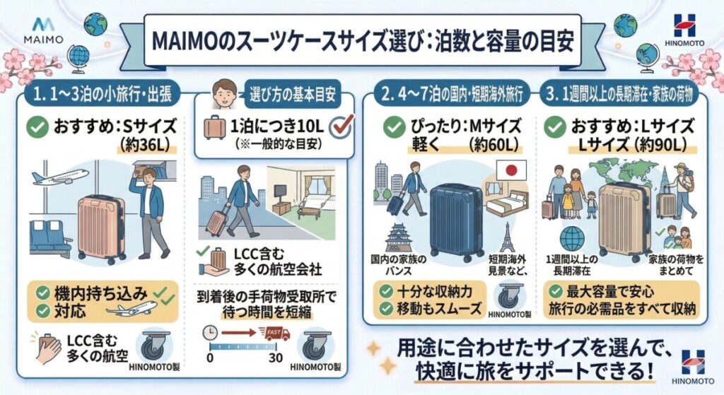 宿泊日数と移動手段に合わせたサイズの選び方をわかりやすく図解