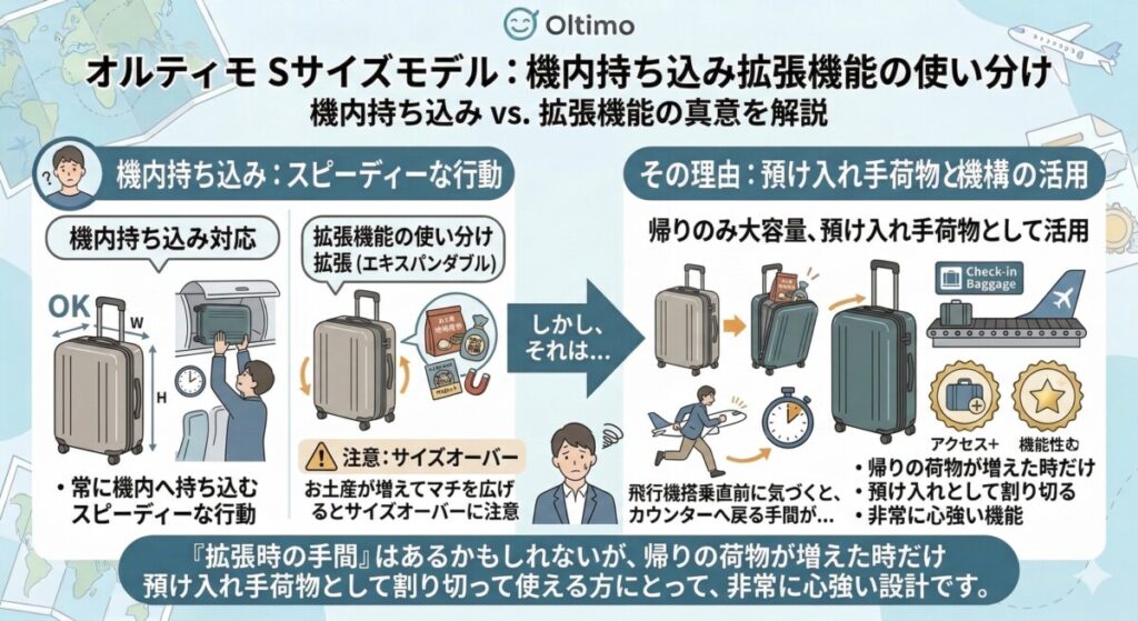 弱点3:機内持ち込みサイズは拡張機能を使うと預け入れになるをわかりやすく図解