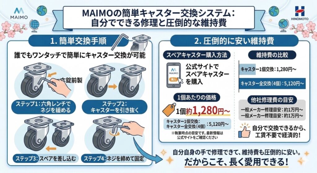 ② 自分で簡単!キャスター交換機能で長く使えるをわかりやすく図解