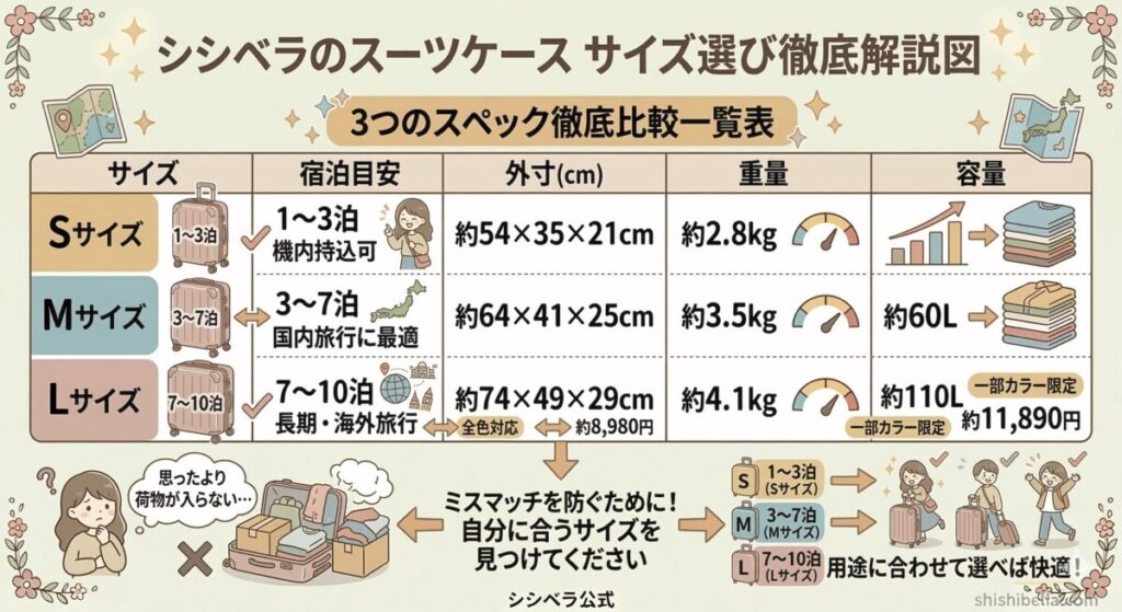 シシベラスーツケースの全サイズ比較と選び方をわかりやすく図解
