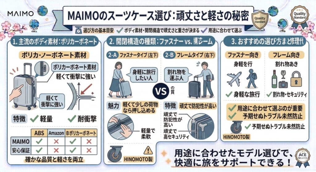 1. ボディ素材(ポリカーボネート)と構造(フレーム / ファスナー)をわかりやすく図解