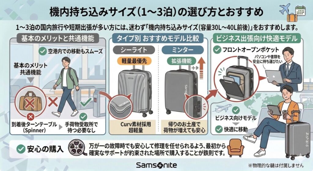 ★あなたにピッタリなのはどれ?機内持ち込みから長期旅行までの選び方:機内持ち込みサイズ(1〜3泊)の選び方とおすすめをわかりやすく図解