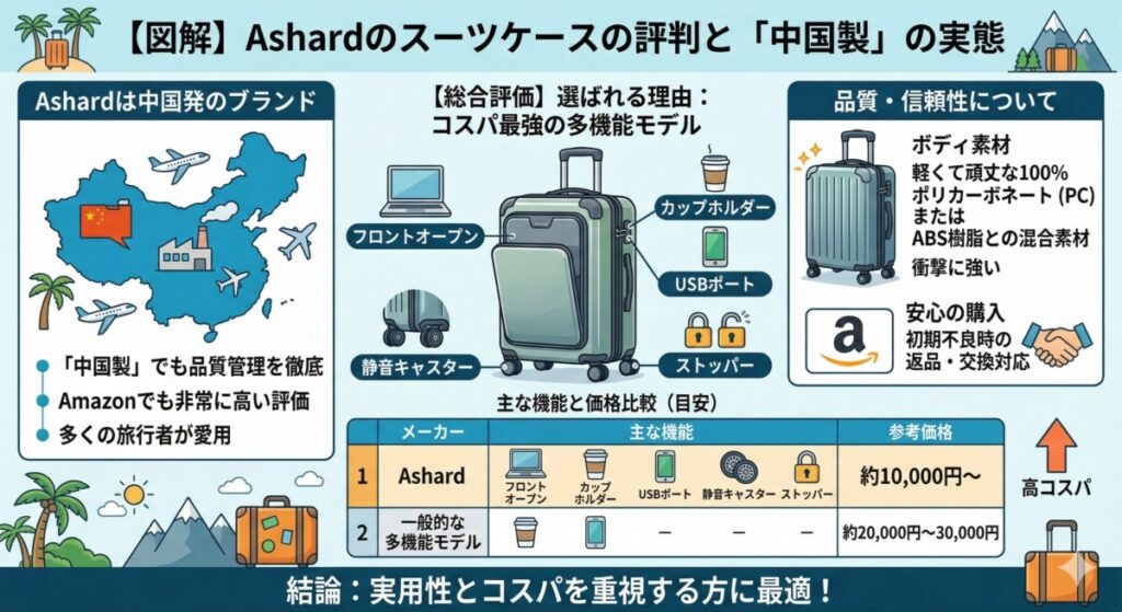 結論!Ashardのスーツケースの評判と「どこの国製か」の実態をわかりやすく図解
