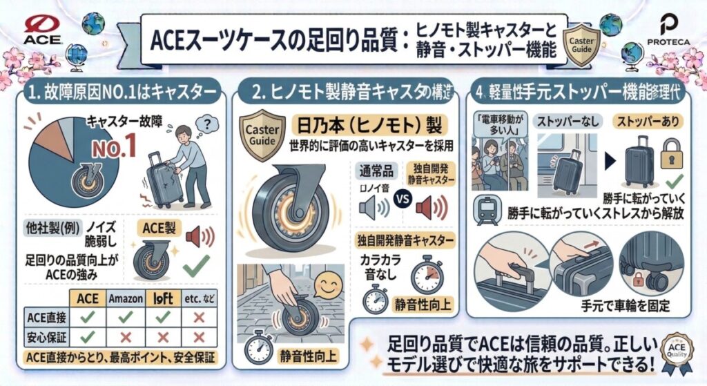 2. キャスター(ヒノモト製・静音性・ストッパーの有無)をわかりやすく図解