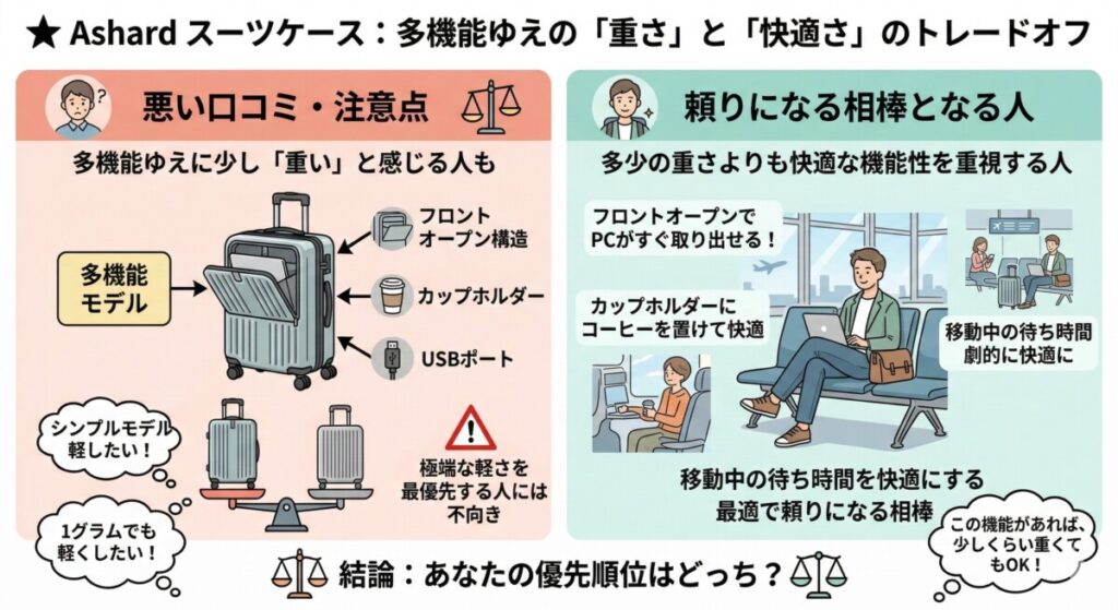 Ashardスーツケースの悪い口コミ・注意点:多機能ゆえに少し「重い」と感じる人もをわかりやすく図解