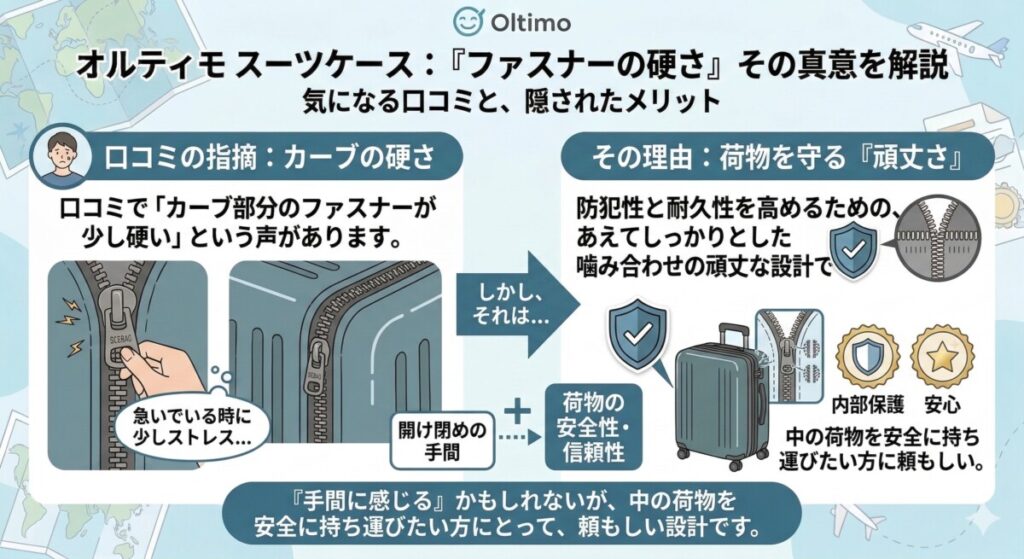 弱点1:カーブ部分のファスナーが少し硬く感じるをわかりやすく図解