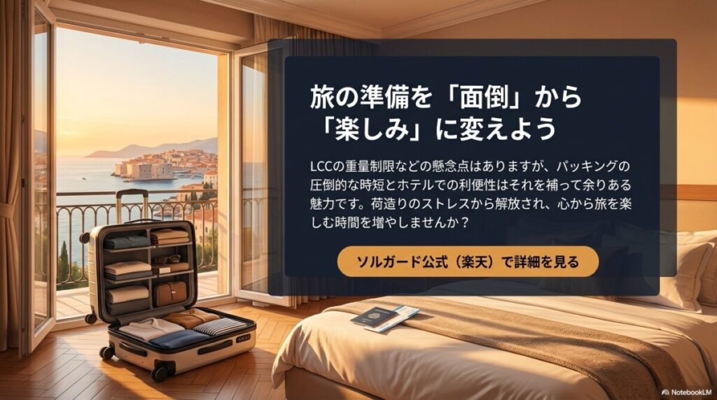 まとめ:ソルガードのスーツケースで、旅の準備を「面倒」から「楽しみ」に変えよう