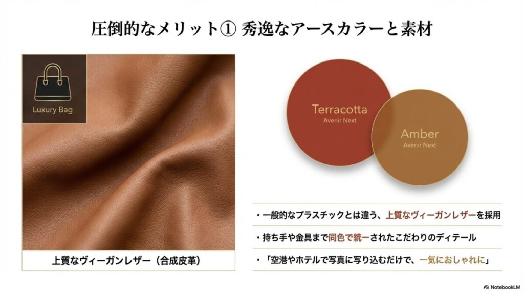 テラコッタやアンバーなどアースカラーと合成皮革のデザインが秀逸